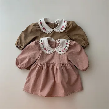 0-3Y Bahar Toddler Kız Elbise Bebek Sevimli Çiçek Nakış Uzun Kollu Prenses Elbise Bebek günlük kıyafetler