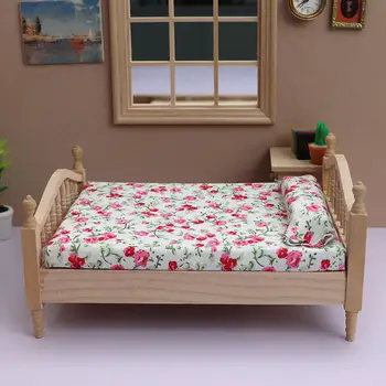 1/12 Dollhouse çift kişilik yatak simülasyon ahşap fotoğraf sahne bebek için