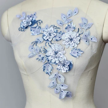 1 adet Boncuklu 3D Nakış Çiçek Dantel Yaka Aplike Örgü Venise Gelin Dantel Trimler düğün elbisesi Aksesuarları Dikiş Aplikler