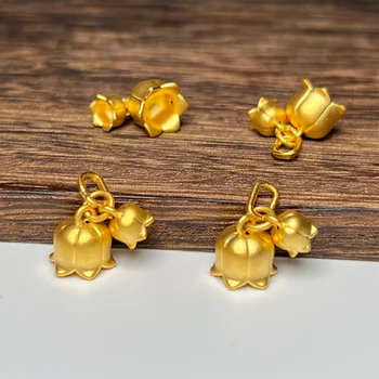 1 adet Saf Altın Kolye Kadın Erkek 3D Sert Altın Convallaria Majalis Aeolian Bells Çift Çiçek Küçük ve Büyük Boy