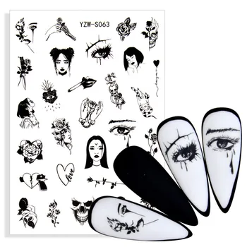 1 Sayfalık 3D Geri Yapışkanlı Tırnak Sticker DIY Siyah Soyut Görüntü Tırnak kuşe kağıt Dekorasyon Manikür Tarzı Aracı