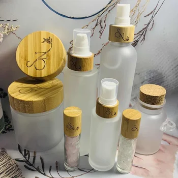 100 ADET 250g 250ml Mat Buzlu PET krem şişesi Kavanoz Bambu Kapaklı Bambu Kap Bambu Plastik Kozmetik Konteyner şeker kavanozları