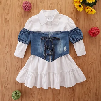 2 Adet Butik Küçük Kız Elbise Düz Renk Yaka Ruffles Uzun Kollu Gömlek Elbise + Kravat kot yelek Seti Çocuklar Sonbahar Kıyafeti