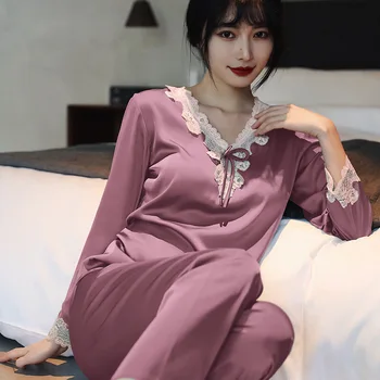 2 ADET Pijama Set Seksi Bahar Kadın Dantel Trim Pijama Pantolon Takım Elbise Gevşek Ince Sahte Ipek Saten Pijama Femme Loungewear Dökün