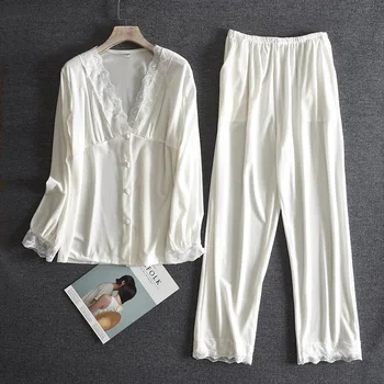 2 ADET Pijama Takım Elbise Sonbahar Yeni Kadife Pijama Ev Giyim Samimi İç Çamaşırı Beyaz Kadın Gecelik Uyku Seti Rahat Pijama