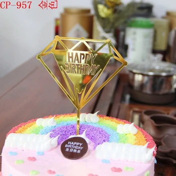 20 adet set elmas tasarım şekli mutlu doğum günü pastası topper kart akrilik kek parti dekorasyon