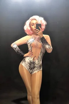 2020 kadın Yeni Glisten Rhinestones Mesh Seksi Bodysuit Sahne Kostüm Gece Kulübü Kıyafet Parti Dans Bodysuit See Through Giyim