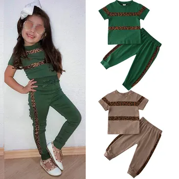 2020 Moda Bebek Bebek Kız Giysileri Setleri Leopar Baskı Kısa Kollu T Shirt Tops + Pantolon yaz kıyafetleri