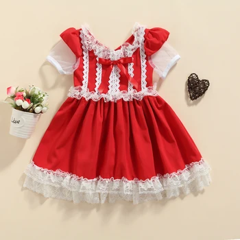 2021 1-6YToddler Bebek Kız Kırmızı Prenses Elbise Çiçek Dantel Yay Yama Puf Kısa Kollu V Boyun Tunik Pilili Tutu Elbise Parti İçin