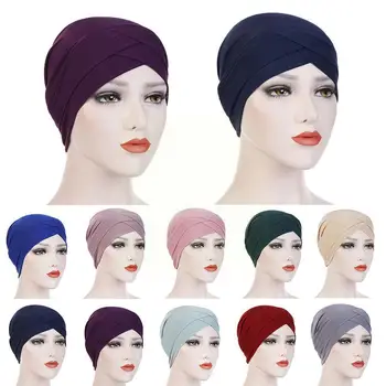 2021 kadın Zarif Sıkı Şapka Türban Alın Çapraz Şapka Kafa Bandana Hindistan Kemo Şapka Başörtüsü Eşarp Wrap Renk Müslüman E4G7