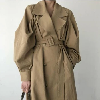 2021 Moda Puf Kollu Büyük Boy Bahar Trençkot Kemerler kadın Kruvaze Palto Kabanlar