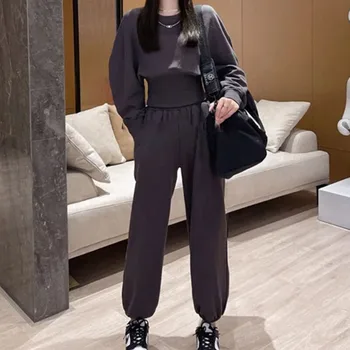 2021 Sonbahar Kadın Yeni Fashion100 % Pamuk Eşofman Kadın İnce Bel Kısa Hoodies Kazak + Uzun harem pantolon 2 Parça Setleri