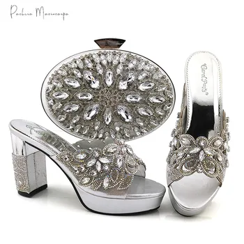 2021 Yeni Varış İtalyan Tasarım Nerigan Moda Parti Düğün Bayan Ayakkabı ve çanta seti İle Dekore Rhinestone Gümüş Renk