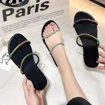 2021 Yeni Yaz Serin, Eğlence Ve Rahat İnce Şerit Taklidi Yuvarlak Kafa kadın sandaletler ve terlikler