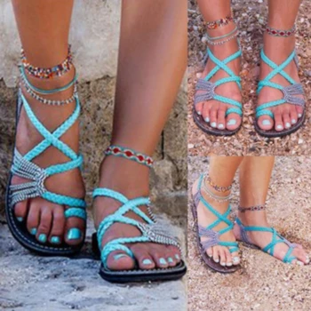 2022 Roma Yaz Sandalet Patlama Renk Eşleştirme halat düğümü Plaj Ayak Sandalet Kadın Artı Boyutu 35-43