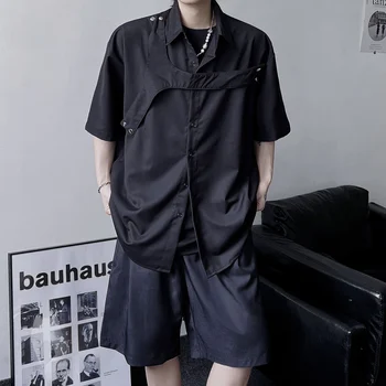 2022 Siyah kısa kollu gömlek Yaz / sonbahar 2022 Genç erkek rahat moda gevşek sivri yaka gömlek trendi