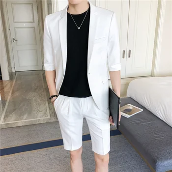 2022 Yaz erkek Takım Elbise Seti Gömme Yarım Kollu Diz Pantolon Koreli erkek Pembe Ve Beyaz Takım Elbise Ceket Şort