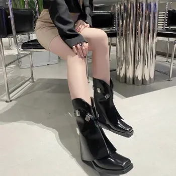 2022 Yeni Kadın Orta Buzağı Çizmeler İlkbahar Sonbahar Kadın Pu Deri Kare Ayak Kalın Alt Ayakkabı Bayanlar Düz Metal Dekorasyon Çizme