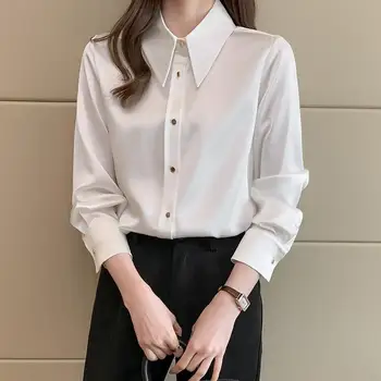 2022 Yeni Metal Düğmeler Üst Uzun Kollu Şifon Gömlek Kadın Bluzlar Mujer Basit Uzun Kollu Beyaz Gömlek Kadın