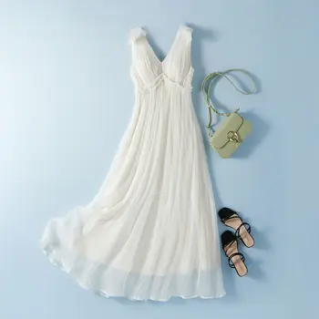 2022 Yeni Moda Bayan Kabuk 8mm 100 % İpek Elbise Kadın Parti Plaj Bayan Yaz V Yaka Katı Uzun Gevşek Bel Elbiseler Beyaz