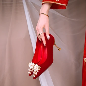 2022 Yeni Moda Kırmızı Düğün Ayakkabı kadın Yüksek Topuklu çin elbisesi Nedime Ayakkabı İki Aşınma Yüksek Topuklu