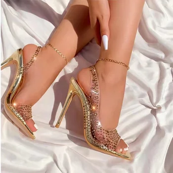 2022 Şampanya Gümüş Altın Kristal Gelin Ayakkabıları Temizle Rhinestone Slingback Parti Sandalet Burnu açık Parlak Topuklu Kadın Sandalet