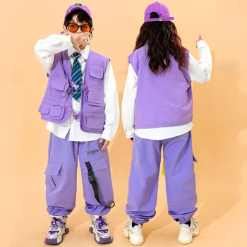 2023 Yeni Caz Dans Performansı Kostümleri Çocuklar İçin Mor Yelek Gevşek pantolon Kpop Giyim Kız Erkek Hip Hop Dans Giyim DQS11534