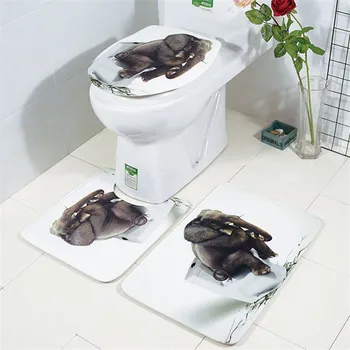 3 ADET tuvalet paspası seti Kaymaz Pazen Banyo Halı 3D fil baskı Tuvalet Kapağı ve zemin Halıları seti