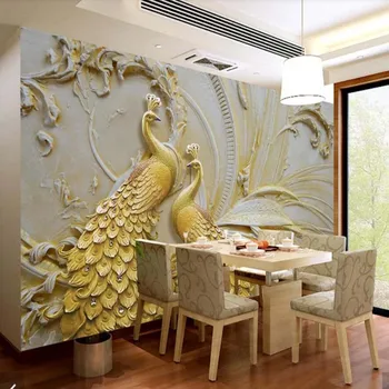 3D Kabartmalı Altın Tavuskuşu Duvar Kağıdı Duvar Sanatı Duvar Çıkartmaları HD Baskılı Fotoğraf duvar kağıdı Papel De Parede Hayvan Duvar Kağıtları Duvar Resimleri