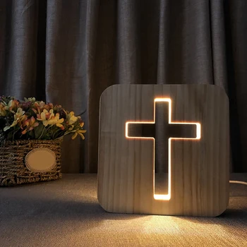3D LED Lamba Gece Lambası USB Masa masa lambaları Hıristiyanlık Haç El Sanatları Hediye Ev Dekorasyon Ahşap Çapraz