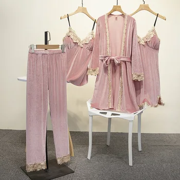 4 ADET Bayan PJS Takım Elbise Kadife Seksi Pijama Kimono Bornoz Elbisesi Rahat Pijama V Yaka Kıyafeti Yumuşak Ev Giysileri Dantel İç Çamaşırı