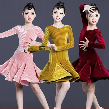 4 Renk Standart Kızlar Uzun Kollu Latin dans elbiseleri Çocuk Yarışması Elbise Cha Cha Rumba Samba Dans Elbise DL5164