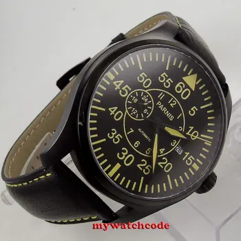 42mm parnis siyah kadran sarı işaretleri safir cam PVD miyota otomatik mens watch