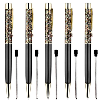 5 Adet Tükenmez Kalemler Kişiselleştirilmiş Bling Dinamik Sıvı Kum Gül Altın Metal Kalem Siyah Mürekkep Ofis Dekor Malzemeleri için