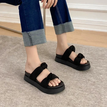 5 cm platform sandaletler Kadın Terlik Eğlence Platformları Topuklu Ayakkabı Siyah Bayanlar Terlik Yaz Süet Chaussures Femmes