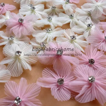 50 adet/grup Yeni güzel pembe/Fildişi el yapımı 3D plise çiçekler rhinestone ile giysi / çanta/T-shirt dekorasyon aksesuarları