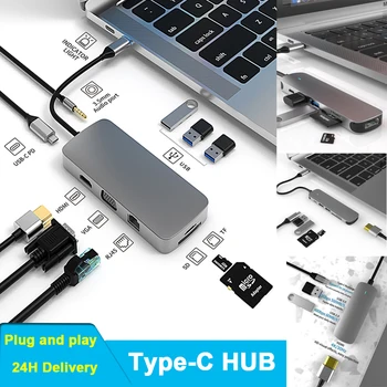 6 in 1 USB C HUB Tipi C Adaptörü 4K HDMI VGA RJ45 SD / TF Hub Thunderbolt 3 Yerleştirme İstasyonu 4-in-1 Dok İstasyonu Macbook Air İçin