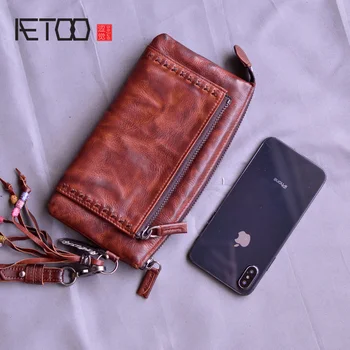 AETOO El Yapımı vintage bozuk para cüzdanı, saçak dekorasyon kat cüzdan, sebze tabaklanmış deri uzun fermuar debriyaj