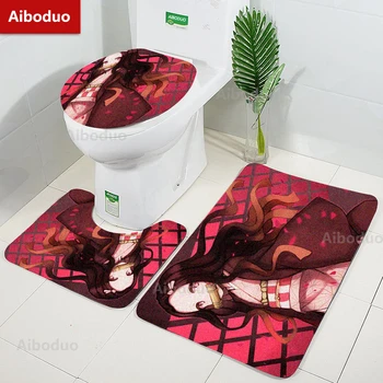 Aiboduo iblis avcısı 3 adet / takım Tuvalet kapak seti S M Kaymaz Kawai Nezuko Halı Banyo Paspas Tuvalet Halı Anime Ev Dekorasyon