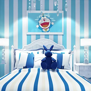 Akdeniz Mavi Duvar Kağıdı Dokunmamış Yatak Odası çocuk Odası Doraemon Dingdang Kedi Tema Mavi Dikey Çizgili Duvar Kağıdı