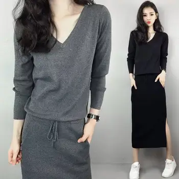 ALANOS Kadınlar Kore Örme Elbise Uzun Kollu V Boyun Elastik İnce Kalem Elbiseler 2022 Sonbahar Seksi Bodycon Yarık Kazak Elbise