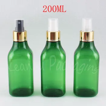 Altın Sprey Pompalı 200ML Yeşil Kare Plastik Şişe, 200CC Boş Kozmetik Kabı, Toner / Makyaj Suyu Alt şişeleme
