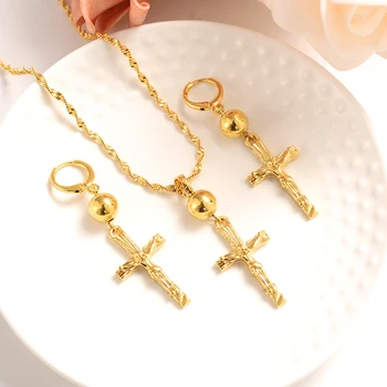 Altın top boncuk Çapraz Takı Setleri Kadınlar için İsa Kolye Küpe Takı Setleri Düğün Gelin Takı Yılbaşı hediyeleri