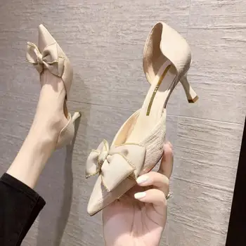 Altın topuklu hakiki deri tatlı papyon marka yüksek topuklu ofis bayan ayakkabıları kadın topuklu ayakkabı ince topuklu stiletto