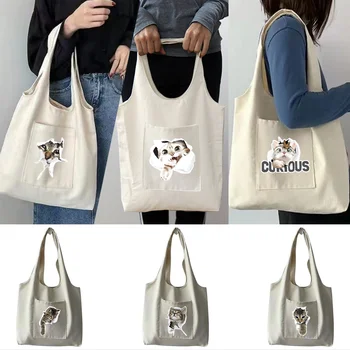 Alışveriş çantaları kadın Kanvas Çanta Banliyö Baskı Animasyonlu Karikatür Kedi Serisi Tote Çanta okul çantası Taşınabilir Tek omuzdan askili çanta