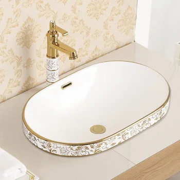 Avrupa Lüks banyo lavaboları Altın Yarı Gömülü Havzası Dairesel Seramik Banyo Lavaboları Ev lavabo yıkama lavabosu