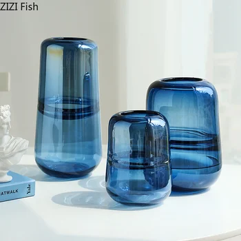 Avrupa Tarzı Şeffaf Mavi Cam Vazo Kurutulmuş Çiçek Düzenleme Topraksız Çiçek Vazo yemek masası Oturma Odası Dekorasyon