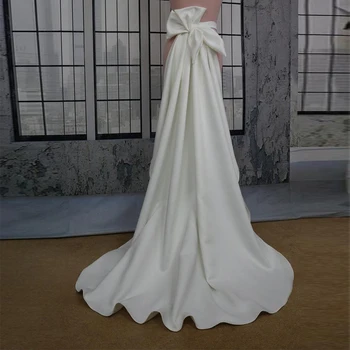 Ayrı Beyaz saten kurdele düğün elbisesi Beyaz Yay Knot Mizaç Çıkarılabilir Gelin Elbiseler Uzun Fırfır Saten Kuyruk 2021