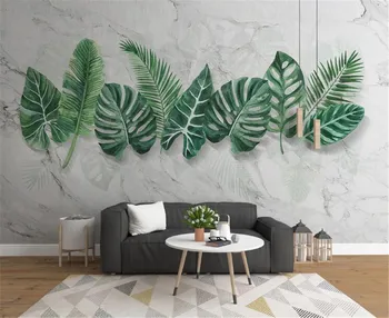 Bacal modern minimalist mermer desen el-boyalı yeşil bitki yaprakları yatak odası oturma odası 3D duvar kağıdı duvar arka plan duvar