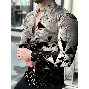 Bahar Moda Sosyal Erkek Gömlek Turn-aşağı Yaka Düğmeli Gömlek Casual Geometrik Baskı Uzun Kollu Üstleri erkek giyim Hırka